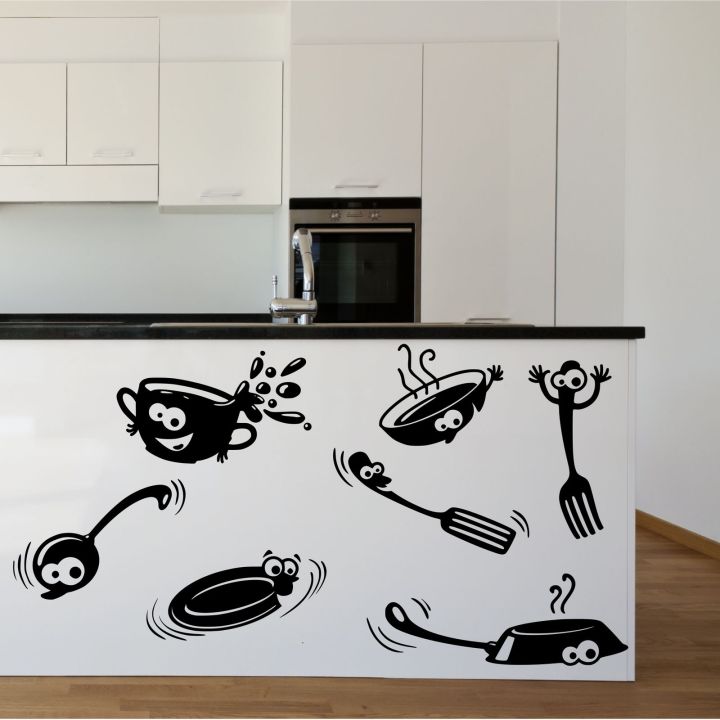 size- 2 x  1 feet - Cabinet Kitchen Tools pots pans style self adhesive wall stickers vinyl, decal, mural for kitchens, restaurants, office, cafe, food, home decoration decor lovers- Black color- Lucky Garnet