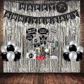 Happy Anniversary Gold & Black Decoration Set With Banner Curtain & Balloons. 