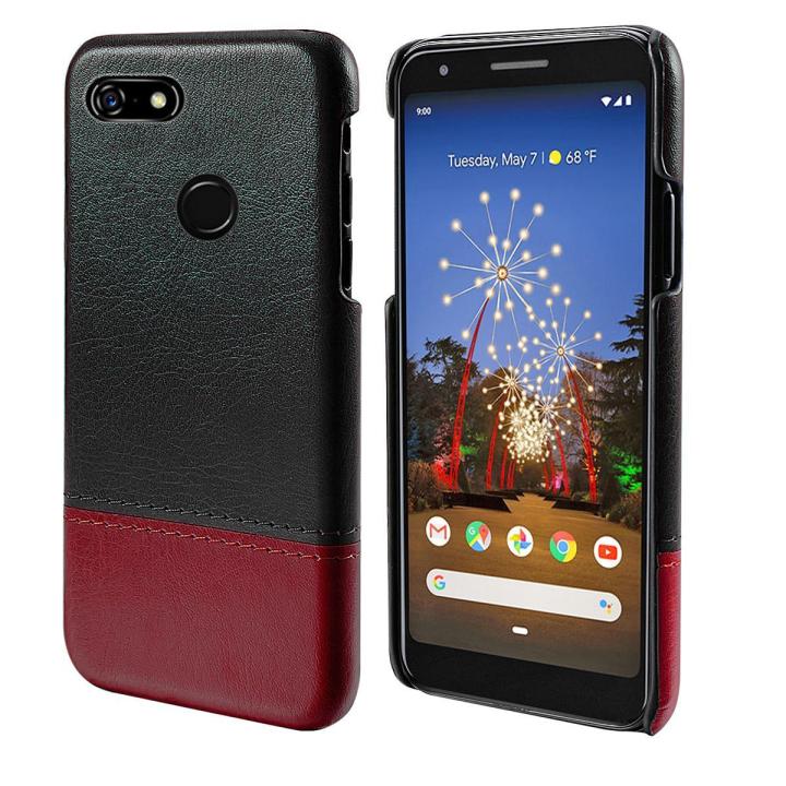 Happon Case for Google Pixel 3a Back Case Ultra Slim Fit Contrast Color Hard PC+Leather Cover Anti-Scratch Phone Protector    Red-light brown