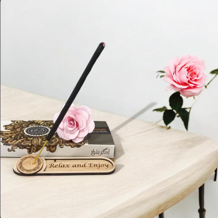 Wooden Agarbatti Incense Stick Holder with Laser Engraved Design, Ash Collector