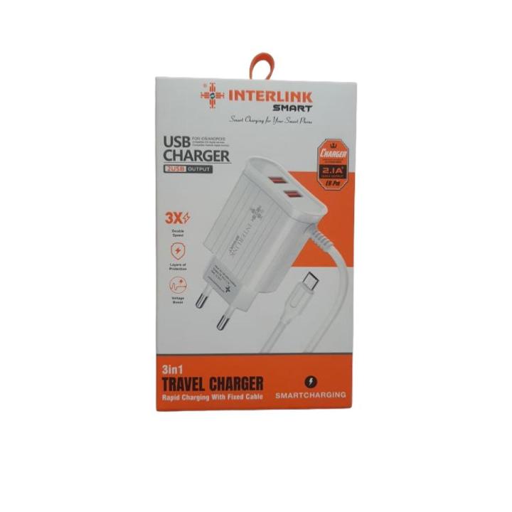 INTERLINK Smart Charger With Fixed Cable 2 USB Port