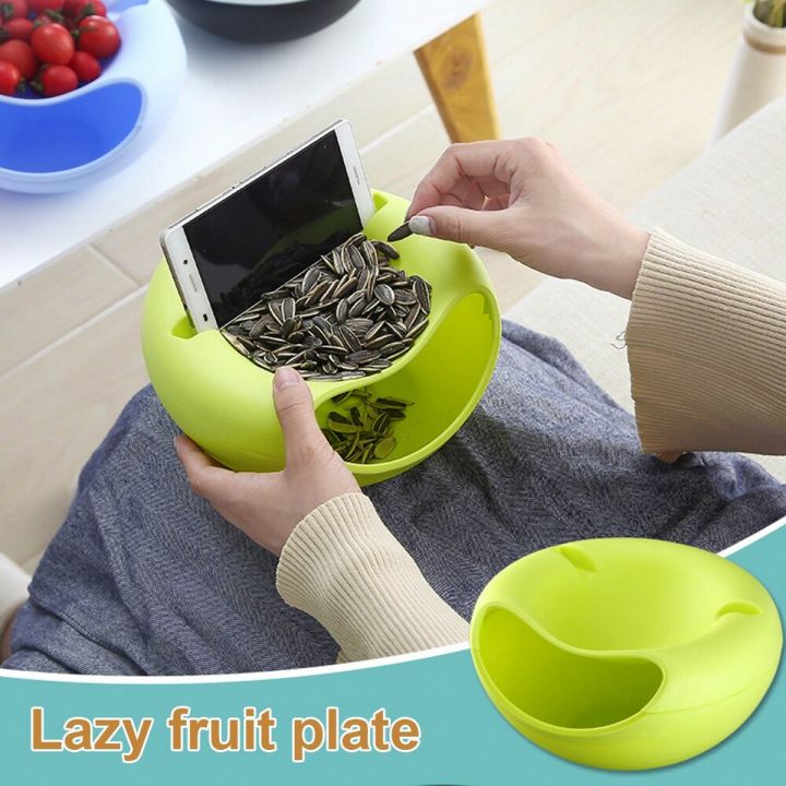 Creative Multifunction Double Layers Lazy Snack Bowl Plastic Fruit Plate Phone Holder