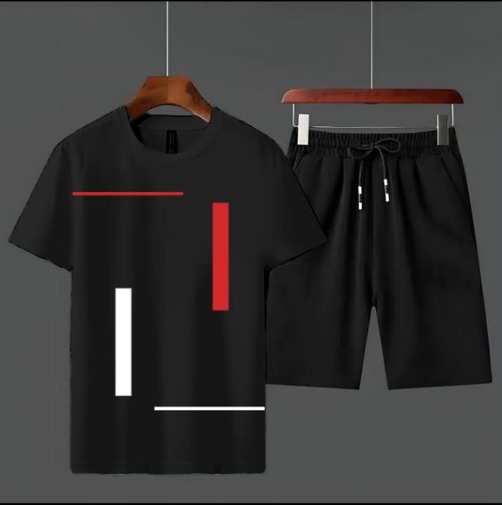 Tracksuit Vertical Stripes Printed Amazing Smart Fit Half Sleeves Cotton Jersey Summer Trendy Wear For Men & Boys T-Shirts & Shorts  Gym Sports Outdoor Gaming Tracksuit