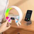 3 in 1-Latest/Smart-G shaped, Wireless charger-Pad/Stand, Multifunction-USB\Bluetooth Speaker, Alarm-Digital Clock, Led/Night-Lamp/Lamps for-room/Side table/Bedroom-Atmosphere-Colorful, RGB lights-Wireless, Mini/Portable-Speaker/clock for study/table/desk. 