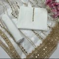 Wedding wear 3pc unstitched Suit for women – Kataan Silk Shirt & Trouser with Organza embroidered Dupatta – White. 