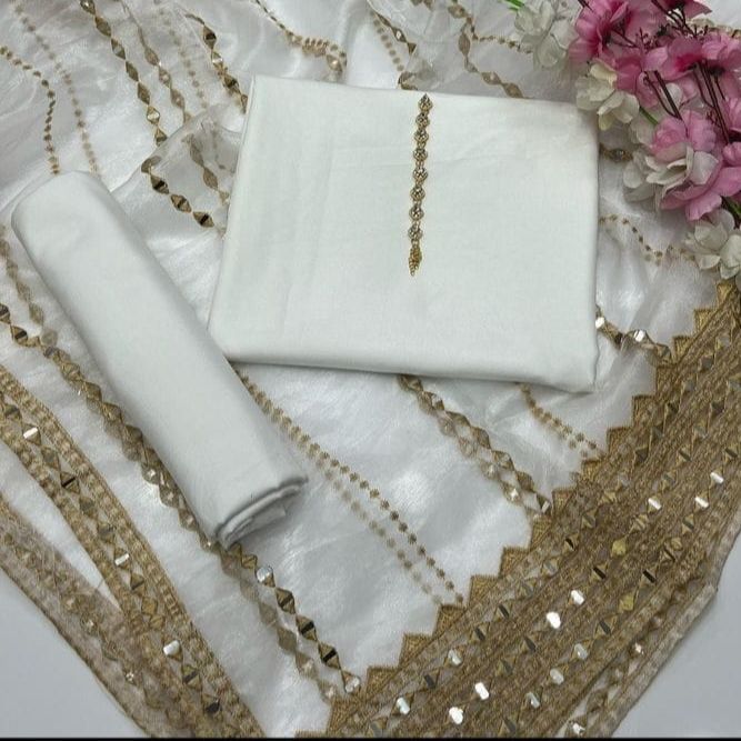 Wedding wear 3pc unstitched Suit for women – Kataan Silk Shirt & Trouser with Organza embroidered Dupatta – White