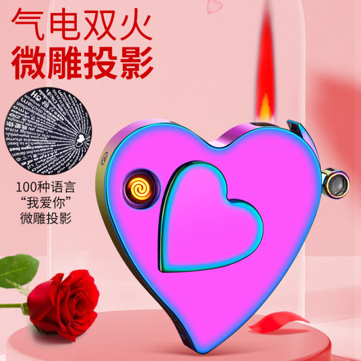Miniature Projection Torch Lighter Windproof Cross-Border Personalized Gift Lighter Heart-Shaped Gas-Electric Dual-Purpose Lighter