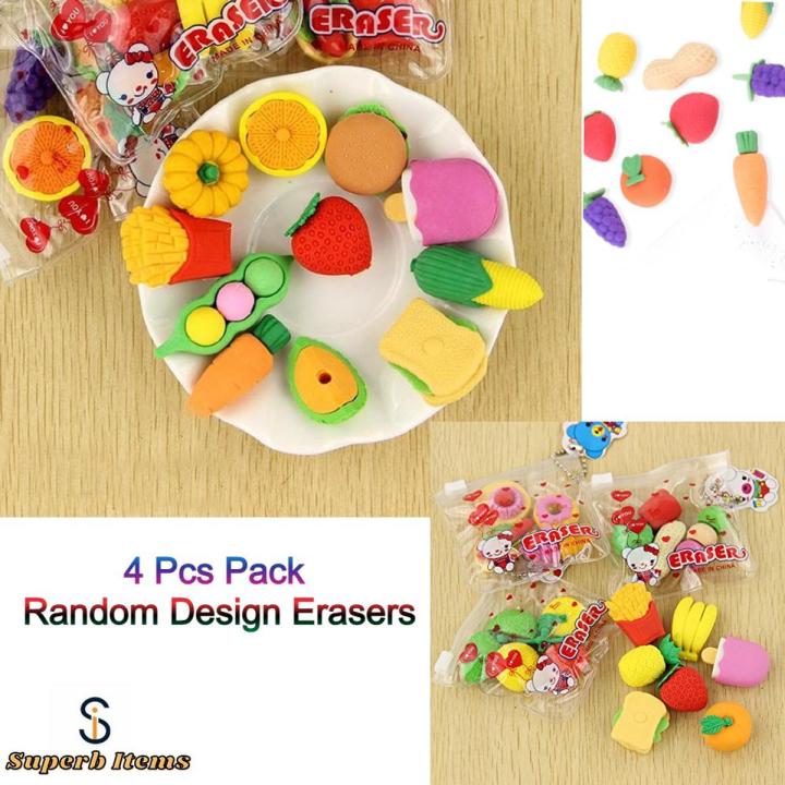 4 Pcs Pack Novelty Fruit & Vegetable Shape Cute Eraser for kids / Stylish Erasers for School / Fancy Erasers Pencil (Random Design Unique Eraser)