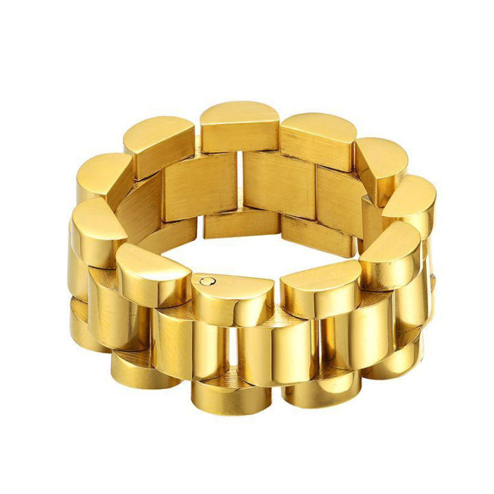Hophop Style Stainless Steel Dubai Gold Ring Men Watch Link Chain Ring Custom Adjustable Size