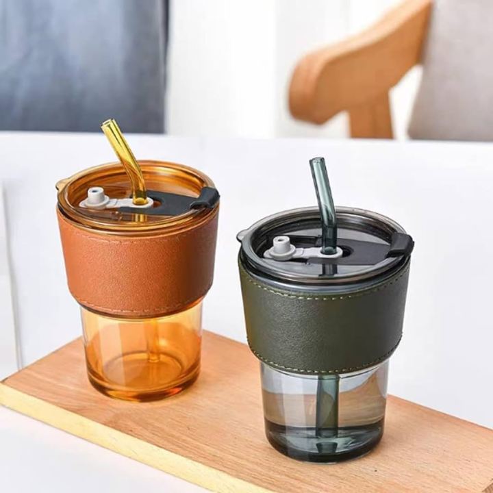 380%20ML%20%E2%80%8ELeak%20Proof%20Glass%20Tumbler%20with%20Straw%20and%20Lid%20Slub%20Glass%20%7C%20Leather%20Protective%20Sleeve%20%7C%20Reusable%20Cup%20with%20Straw%20%7C%20Iced%20Coffee%20Cup%20%7C%20Direct%20Drinking%20Mouth%20Dual%20Use%20-%20Image%202