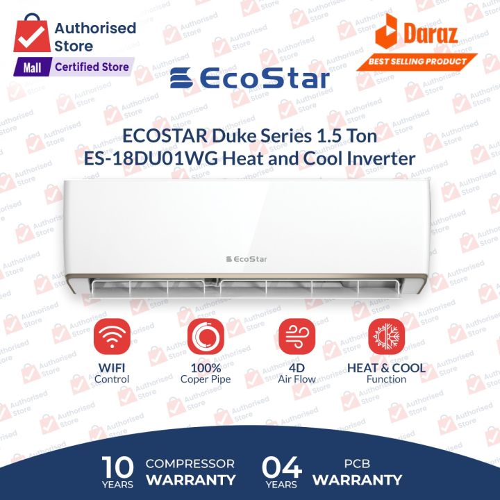 EcoStar Split AC | Model ES-18DU01WG- | Duke Series 1.5 TON Inverter AC | Heat & Cool | Self Cleaning | Gold Fins | 4D Air Flow | 100% Copper-10 Years Compressor 04 Yeas PCB Card Warranty
