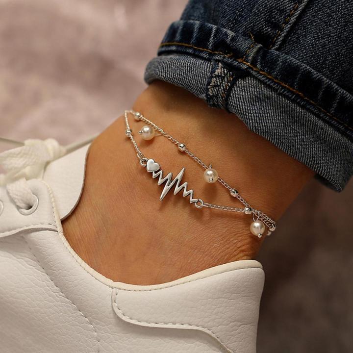 2Pcs/Set Women Foot Bracelet Heartbeat Faux Pearl Anklet Ankle Chain Jewelry