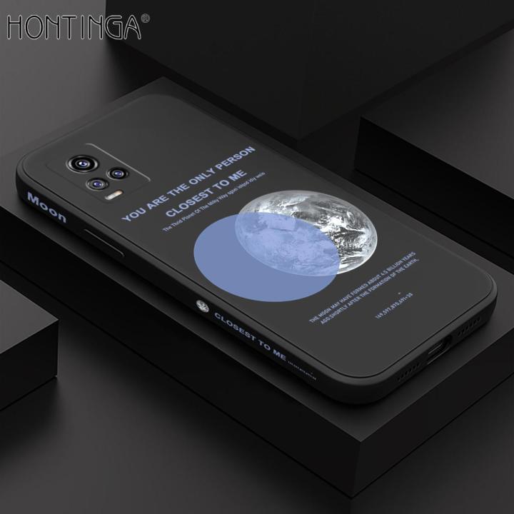 Hontinga for Vivo V20 / V20 2021 Case Side Design Fashion Grey Eearth Moon Back Cover Soft Square Edge Pattern Liquid Silicone Trend Phone Cases