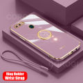 For OPPO A5s Back Cover with Ring Holder Stand + Wrist Strap Shiny Plating Square Bumper Protective Case Soft Silicone Shockproof Mobile Phone Cases. 