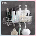 Premium Metal Shelf with 6 Hooks - Wall-Mounted Storage Organizer for Room and Bathroom, Sticky Hooks, Spice Rack, Shower Shampoo Holder, Bathroom Corner Frame, Corner Shower Shelf, Iron Shelf Stand - Black/White. 