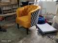 1 Modern Sofa Chair Zig Zag Gol Shape Desigen One Seater Yellow valvet Colour With 1 cousion free {Special Offer available}. 