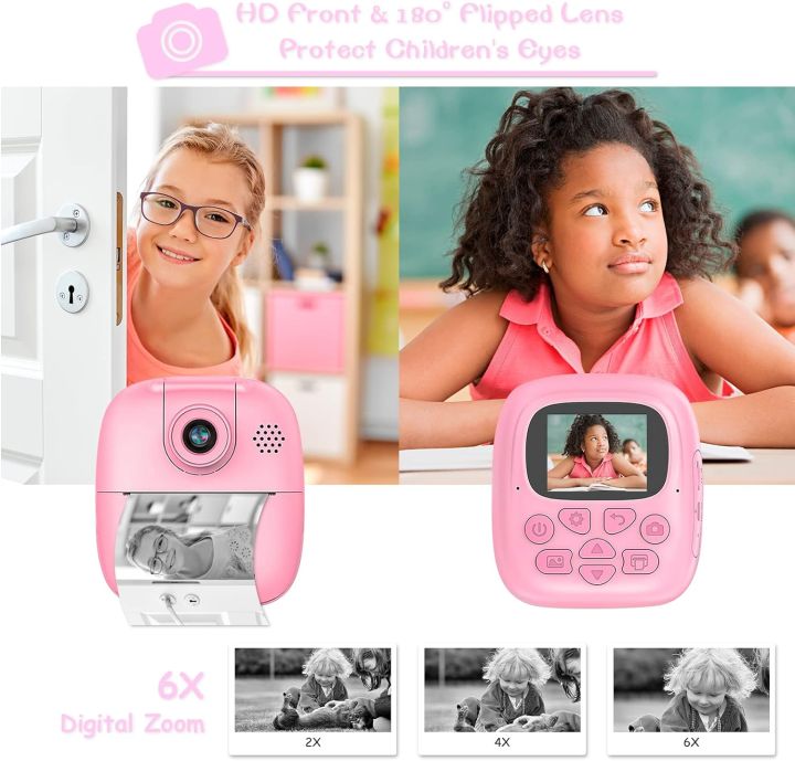 Kids Camera Instant Print Camera for Kids with Flipped Lens Zero Ink Kids Camera Digital Camera with 1 Rolls Print Paper,  32G SD Card for DIY Birthday Gifts Pink