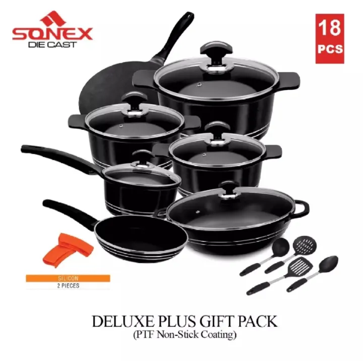 SONEX%20Deluxe%20Plus%20Gift%20Pack%20-%2018%20Pieces%20-%20Die%20Cast%20-%20PTF%20Non%20Stick%20Coating%20with%20Glass%20Lid%20-%20Black%20-%20Image%202