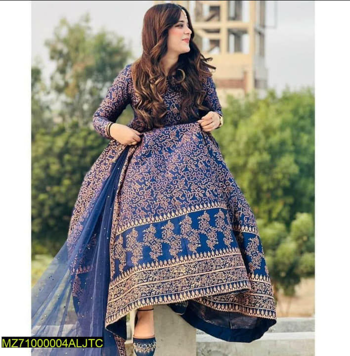 Allover printed fancy maxi 3 pieces latest design stitched dress for girls