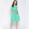 The-Ajmery Sea Green Net Mini Fit And Flare Dress For Women. SS-255. 