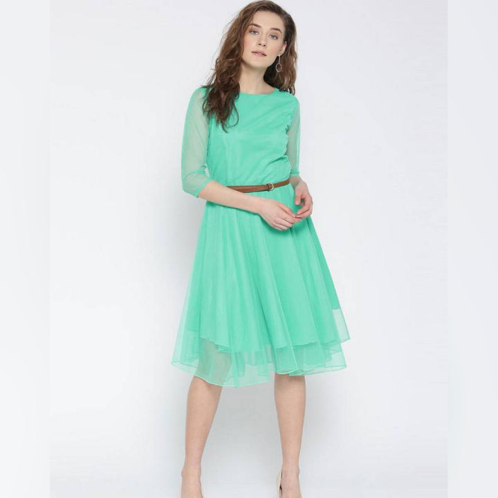 The-Ajmery Sea Green Net Mini Fit And Flare Dress For Women. SS-255