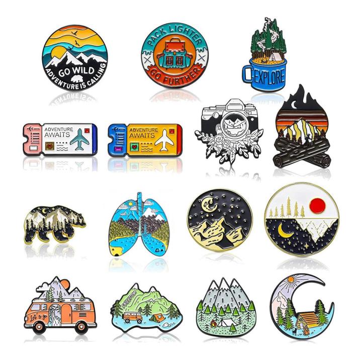 ARELENE 15 Pack Outdoor Enamel Pin Backpack Aesthetic Enamel Pin Set Natural Button Pins Vintage Lapel Pins Camping Pins