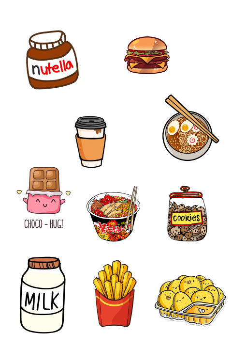 Food Doodle Stickers for Laptop - Pack of 10 - 2 Inch x 2 inch Sticker Aesthetic Art Stickers -for mobile back, Laptop, dairy and for decorating your stuff and making them look more attractive - Stickers for Mobile