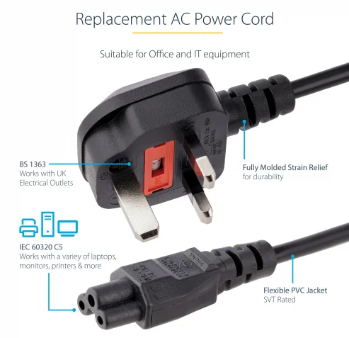 Laptop Charger Cable High Quality Power Cord Cable for Laptop Charger 1m, Black colour
