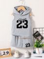 Boys' Summer Hooded Fashion Simple Popular Chicago 23 Print Shorts Set, for Outdoor, Sleeveless, Casual Summer Outfit, Lightweight Polyester Blend, Easy Care. 