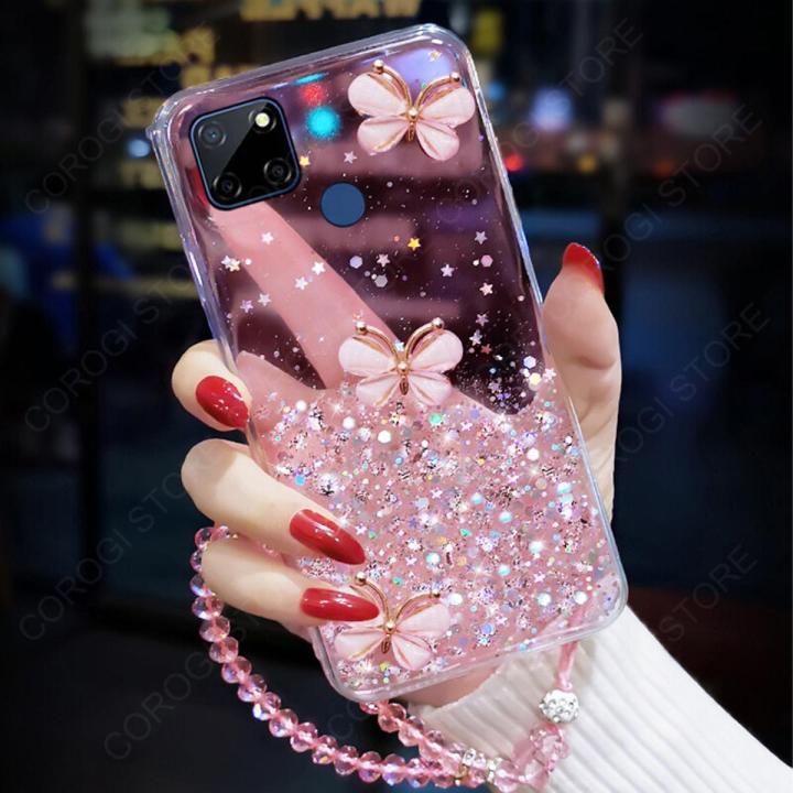 For Realme C25Y / Realme C21Y Cover + Crystal Wrist Strap Fashion 3D Rhinestone Butterfly Shiny Glitter Girls Phone Case Clear Soft Silicone Bumper Shockproof Protective Back Cover