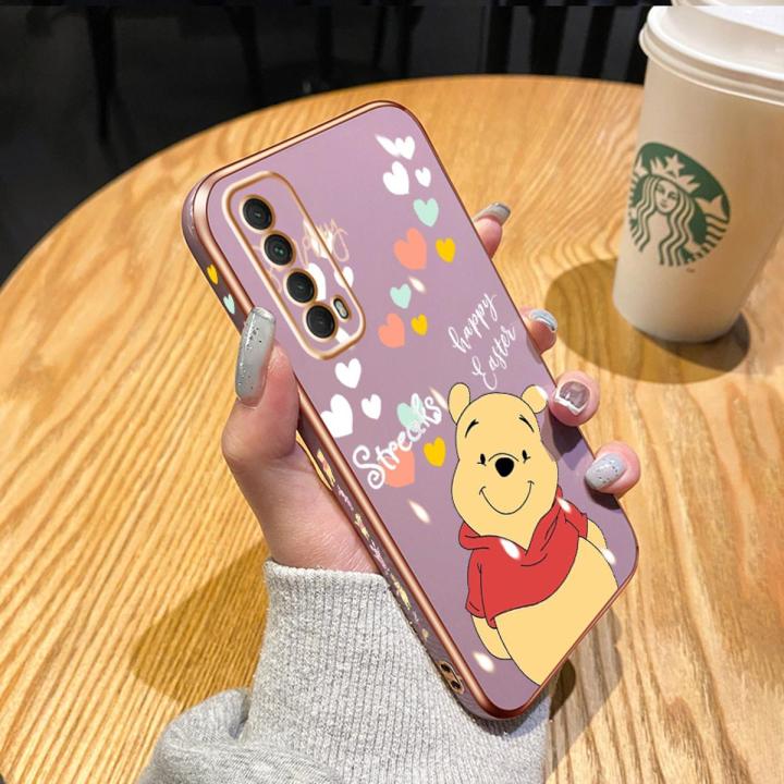 chenyyka For Huawei Y7A Case Thin New Design Side Edge Square Phone Cases Aesthetic Cartoon Winnie The Pooh Pattern Plating Silicone Casing Full Back Cover Camera Protection Shockproof Softcase