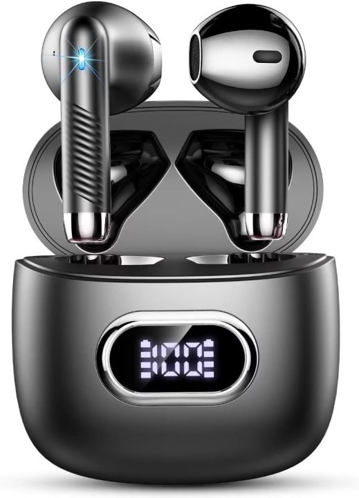 Wasart Wireless Earbud, Bluetooth 5.3 Headphones with 4 ENC Mics, 32H Bluetooth Earphones with Dual LED Display, Wireless Headphones in Ear IP7 Waterproof Bass, Ear Buds Noise Cancelling, USB-C, Black
