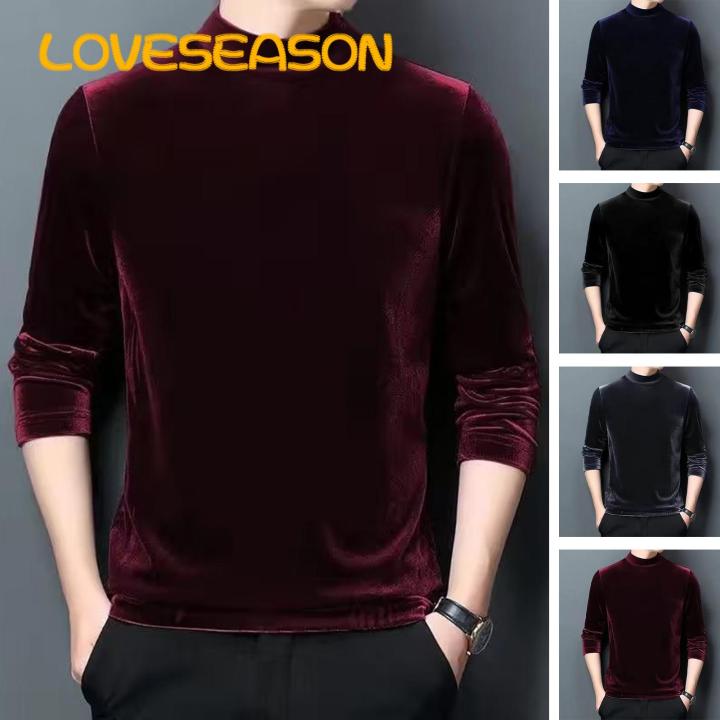 Half Turtleneck Men T-shirt Stylish Men's Velvet Slim Fit T-shirt Warm Soft Half-high Collar Perfect for Fall Spring Southeast Asian Buyers' Favorite Men Velvet Top