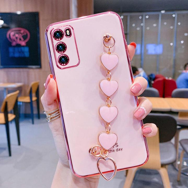 For Xiaomi POCO M3 Back Cover with Love Heart Chain Wrist Strap