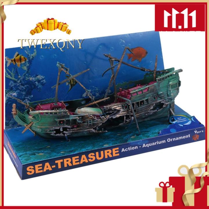 Large Aquarium Decoration Boat Plactic Aquarium Ship Air Split Shipwreck Fish Tank Decor C
