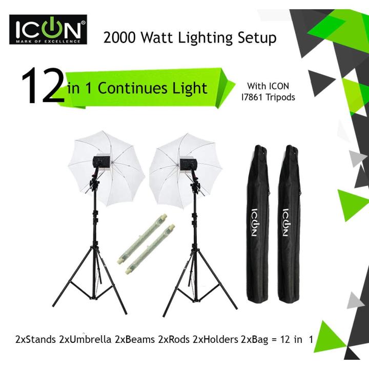 Combo KIT - ICON 8 Foot Long Light Stand Studio Umbrella Continuous Lighting Kit, Umbrellas Beams 2000 Watt & Stands