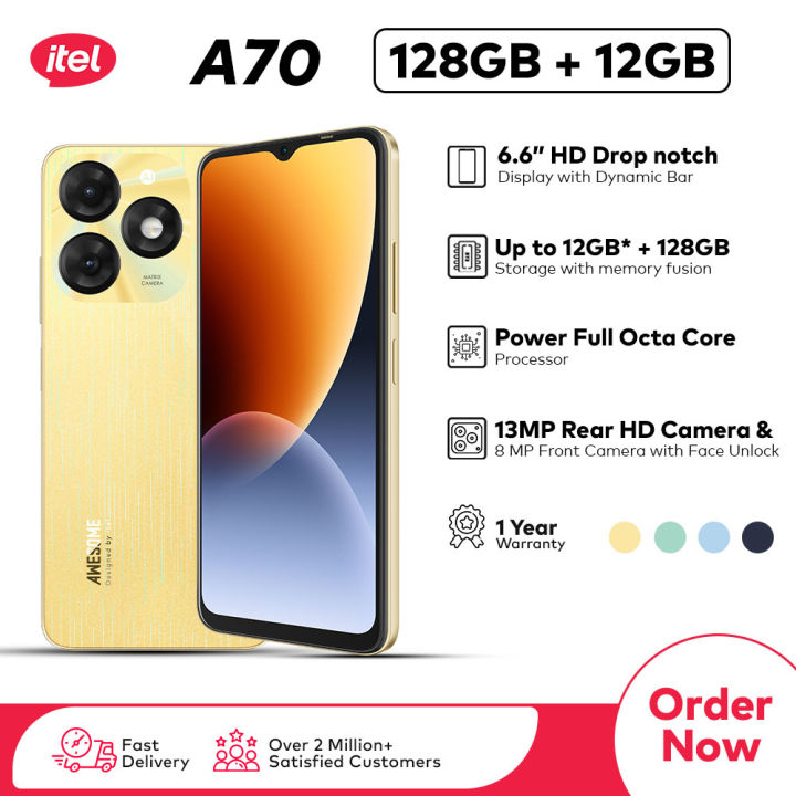 itel A70 12GB* RAM + 128GB Storage with Memory Fusion | 6.6" HD+ Display | Side Mounted Fingerprint | 13MP HD Rear Camera | 5000mAh, Type-C | PTA Approved & 12 Month's Official Warranty