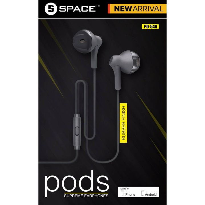 SPACE - PODS SUPREME - High Quality Sound & Rubber Finish Grip Wired Handsfree - (PD-540)