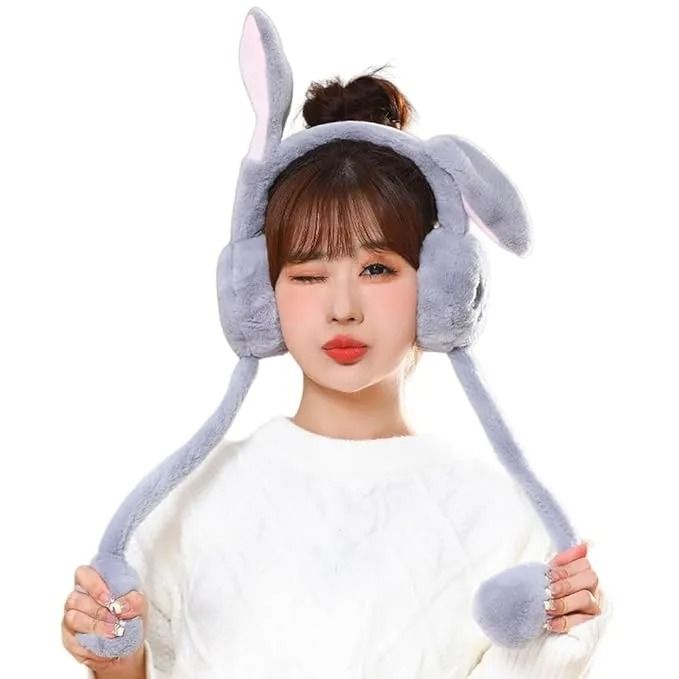 Kids Winter Earmuffs with Moving Rabbit Ear | Cute Plush Ear Warmer for Girls & Boys | Soft Woolen Windproof Ear Muff | Pneumatic Bunny Ear Cover | Warm Fashion Accessories for Kids & Women