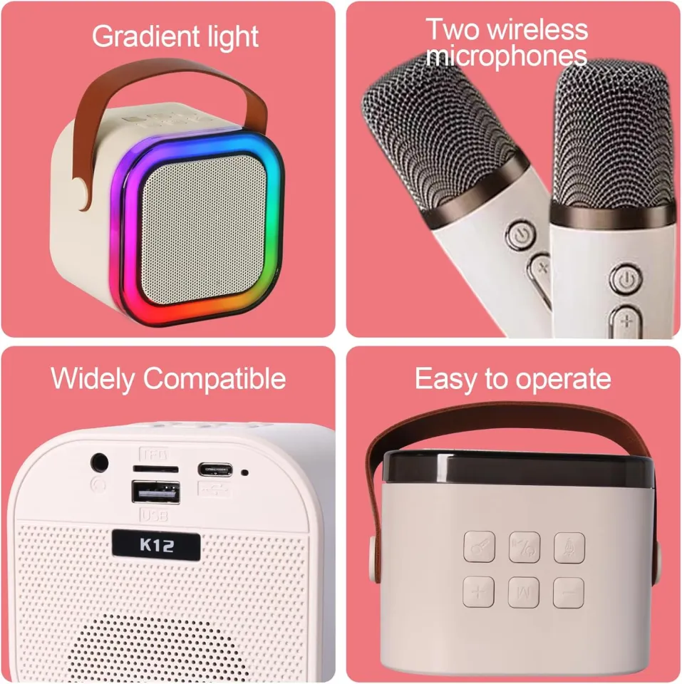 K12 Wireless Mic With Speaker  Dancing Light Karaoke Mic  - Single / Double RGB 7 ColourWith Portable Bluetooth Microphone For Recording With Speaker For Music - 3 in 1 USB / AUX / SD Card Slot Karaoke Handheld Microphone - Black, Blue & Pink Colours