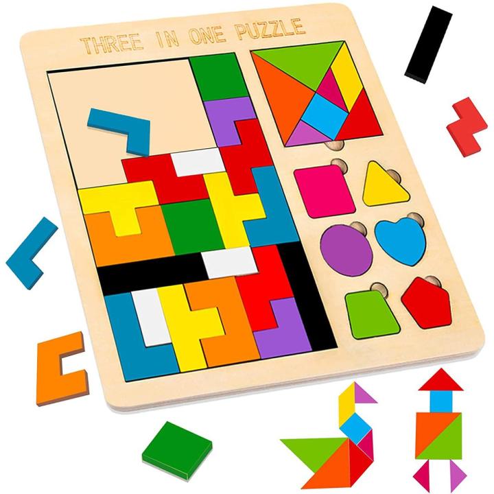 JuLam Montessori Toys 3 in 1 Wooden Tetris Puzzle for Kid Adults - Shape Pattern Block Tangram Brain Teaser Toy Geometry Logic IQ Game STEM Montessori Educational Gift for All Ages Challenge