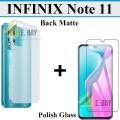 Infinix Note 11 Polish Glass Screen Protector + Back Matte Protector Fiber Carbon Soft Skin Sheet For Infinix Note 11. 
