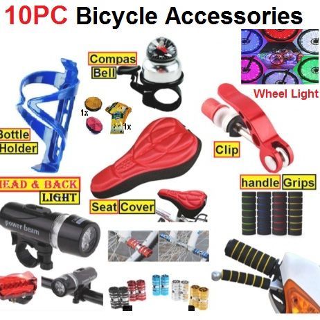 10pc bicycle accessories Bell,Light,Bottle Holder,Seat cover, Seat Clamp, bicycle handle bar grips , rear pedal