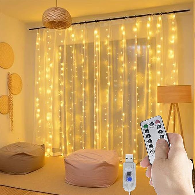 Window Curtain String Light 9.8 X 9.8Ft USB Fairy Lights Curtains with Remote Control 8 Modes Fairy Lights String for Kids Bedroom Party (Warm White) s