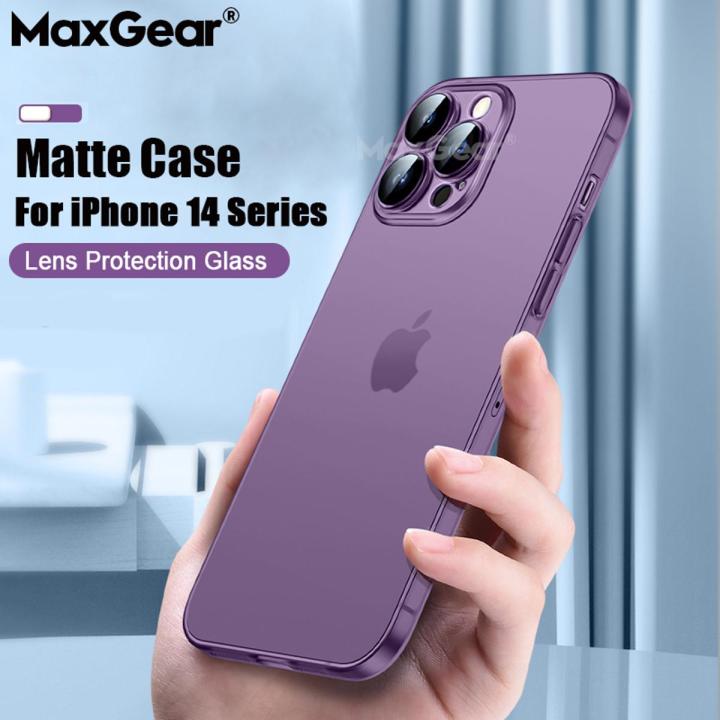 Luxury Ultra Thin Translucent Matte Shockproof Phone Case For iPhone 14 Pro Max Camera Lens Glass Protection Hard Cover [ Transparent / Deep purple]