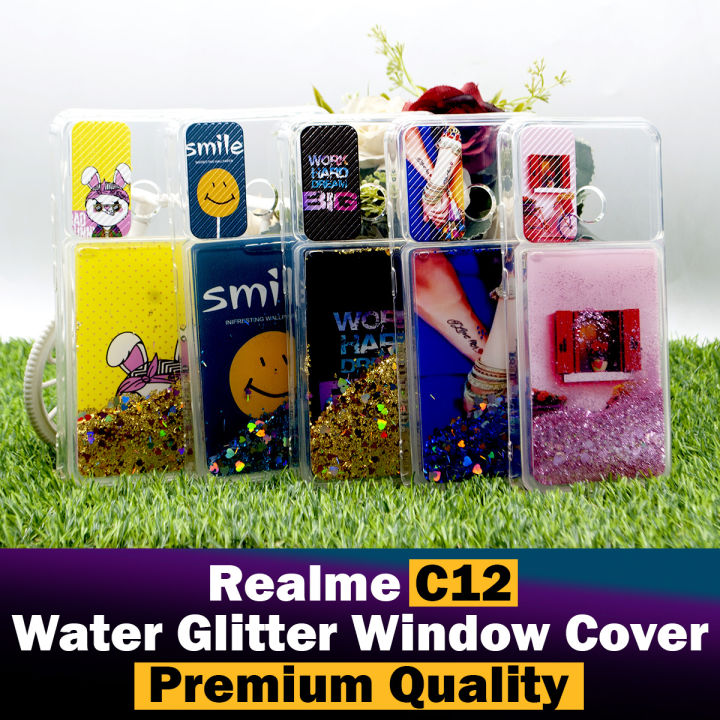 Realme C12 Back Cover Water Glitter Window Shutter Slide Camera Protection Shiny Ladies Soft Silicon C12 Case For Girls