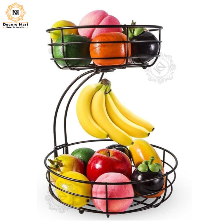 2-Tier Fruit Basket with Banana Holder, Standing Daily Kitchen Modern Fruit Bowl, Practical Fruit Bowl, Vegetable Basket Made of Metal, Black