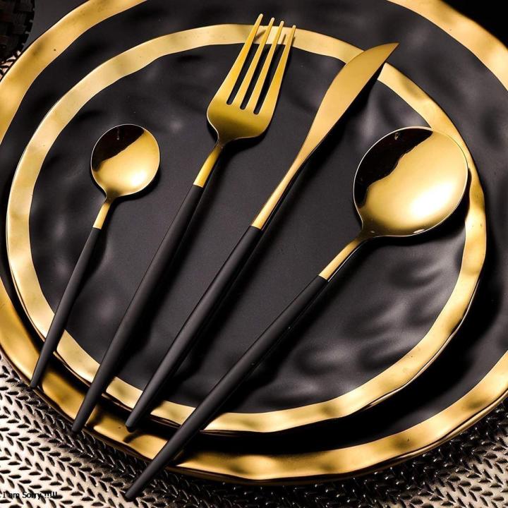 24pcs Gold & Black Gold Dinnerware Set Western 304 Stainless Steel Tableware Set Knife Fork Spoon Luxury Flatware Kitchen Set  Dishwasher Safe