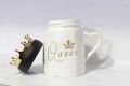 White Queen Crown Luxury Elite Design Mug With Crown Lid Ceramic Coffee Cup. 