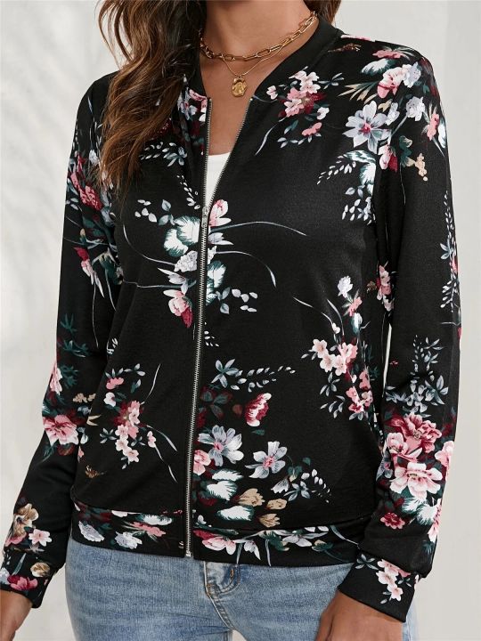 Women Fashion Floral Printed Jacket Coats Casual V Neck Full Long Sleeve Outerwear Tops Ladies Chic Stylish Coat
